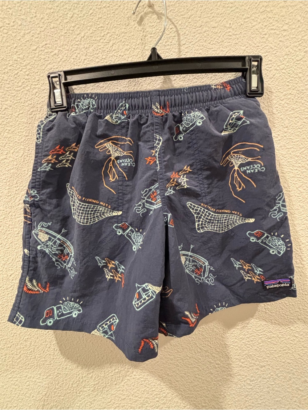 Patagonia Navy Blue Fishing Print Swim Shorts